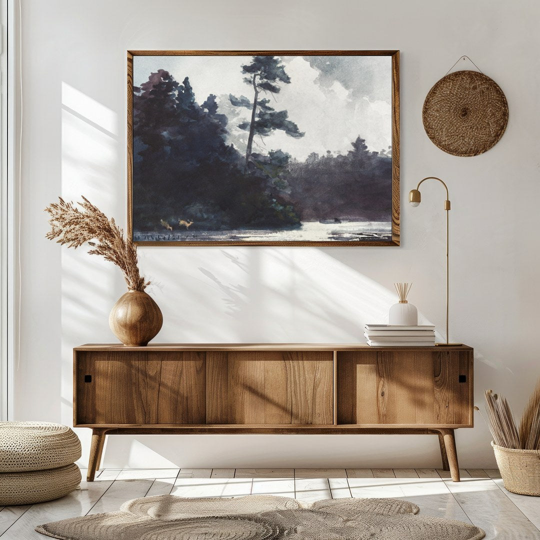 Indulge in the serene beauty of this watercolor landscape, capturing the calm essence of a forest for Sitting Area