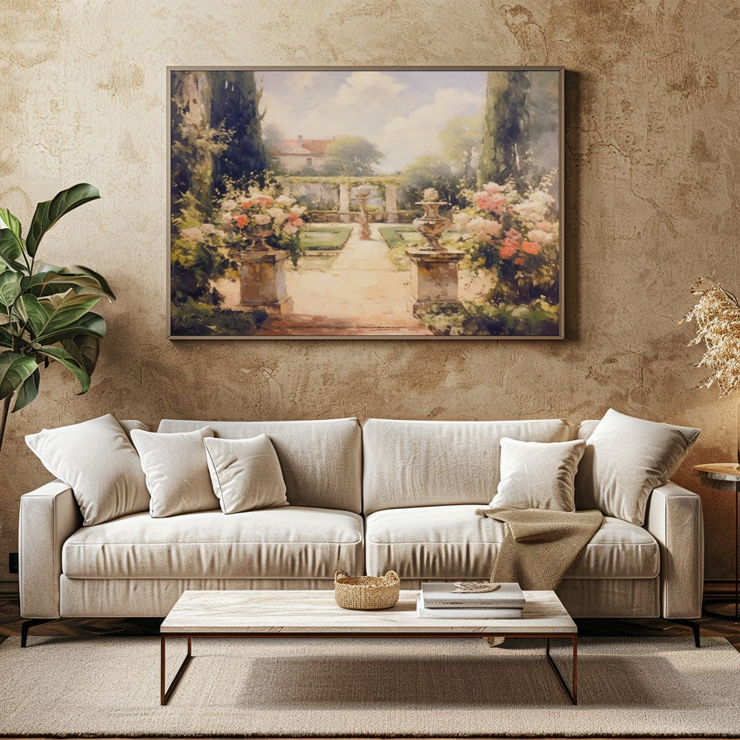 Immerse yourself in serenity with this captivating garden scene. The painting beautifully captures for Family Room