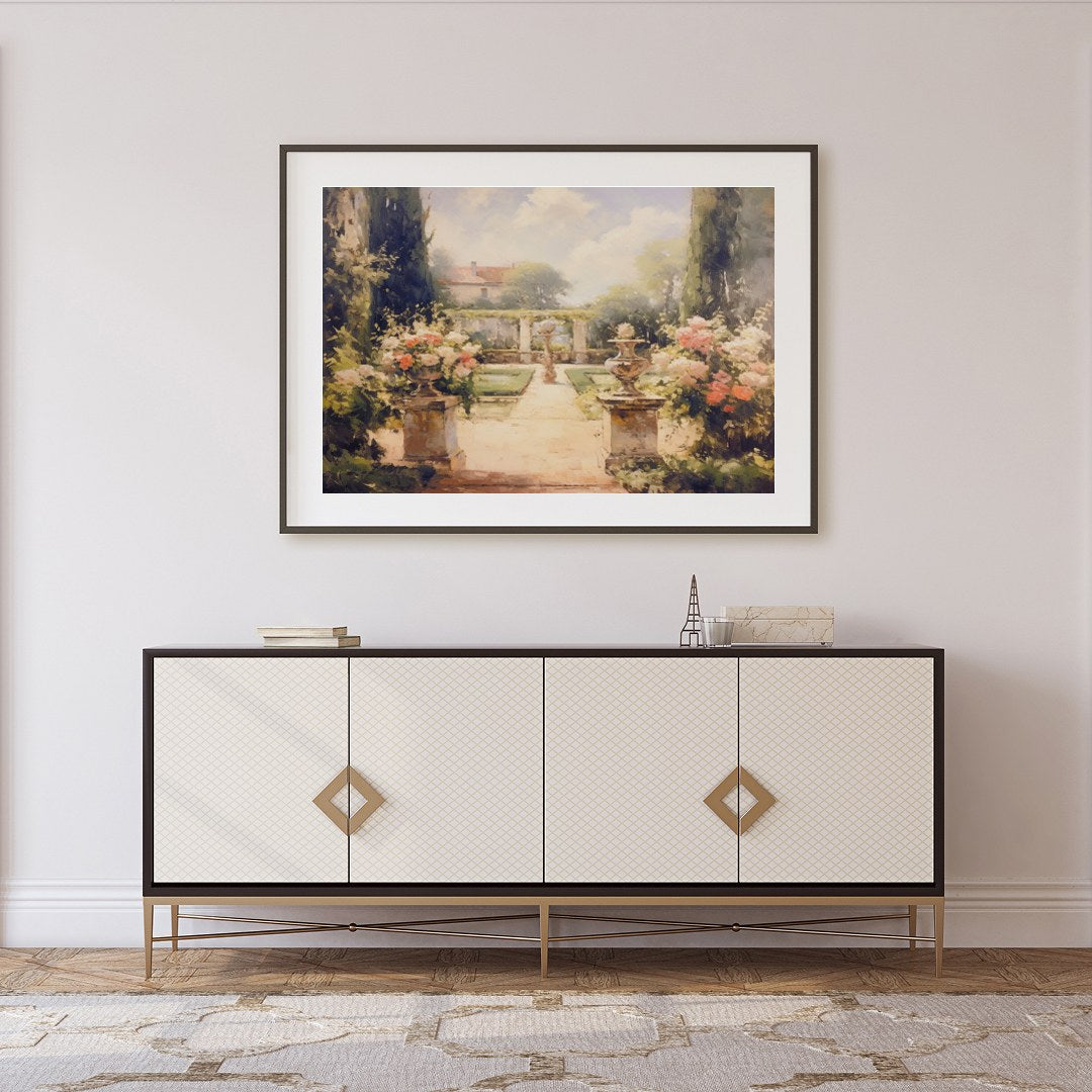 Immerse yourself in serenity with this captivating garden scene. The painting beautifully captures for Foyer