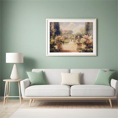 Immerse yourself in serenity with this captivating garden scene. The painting beautifully captures for Hall