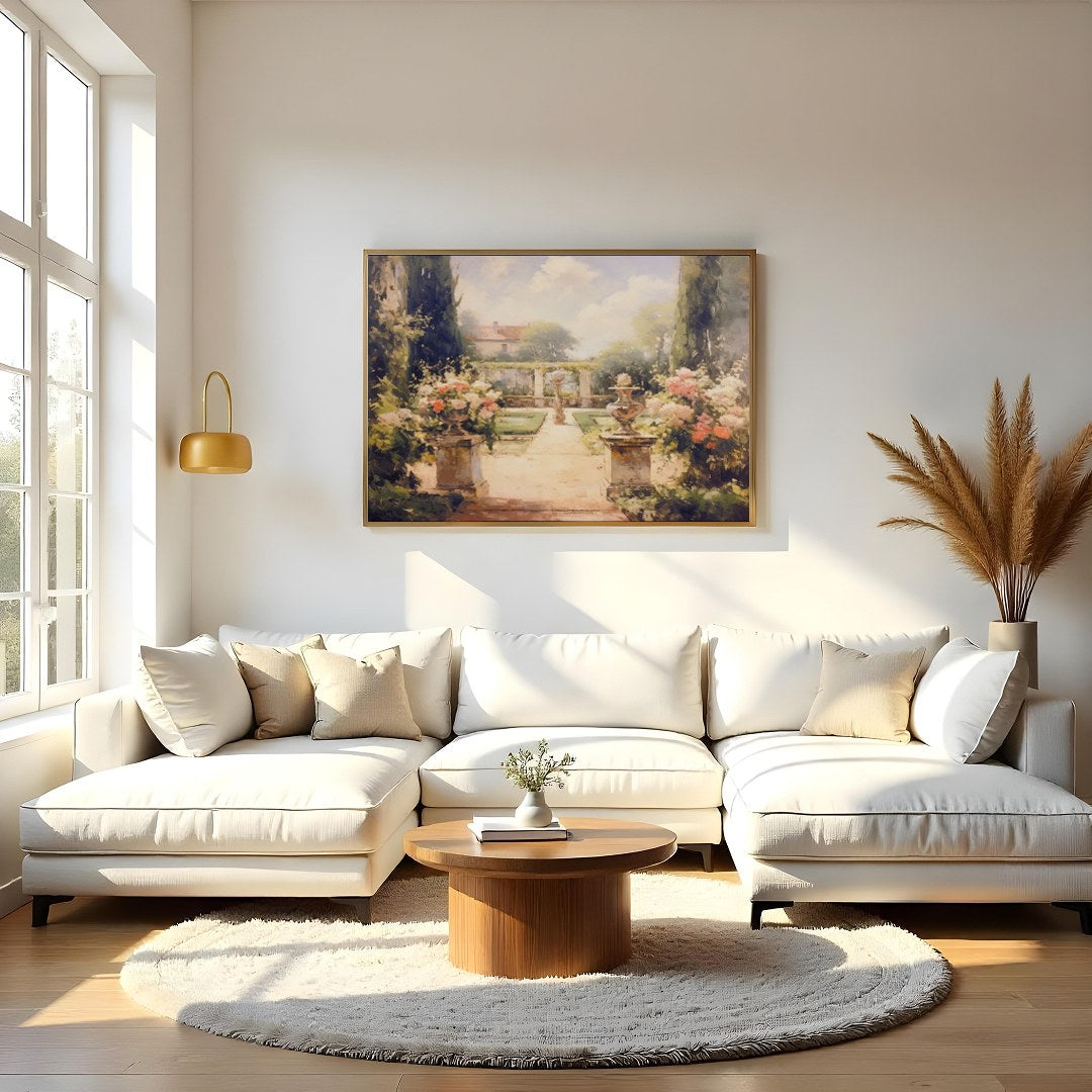 Immerse yourself in serenity with this captivating garden scene. The painting beautifully captures for Living Room