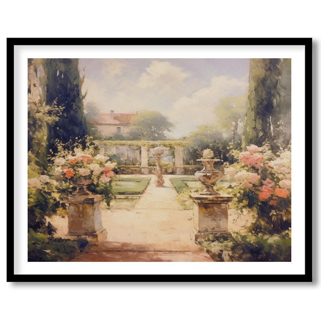 Immerse yourself in serenity with this captivating garden scene. The painting beautifully captures for lovely-house