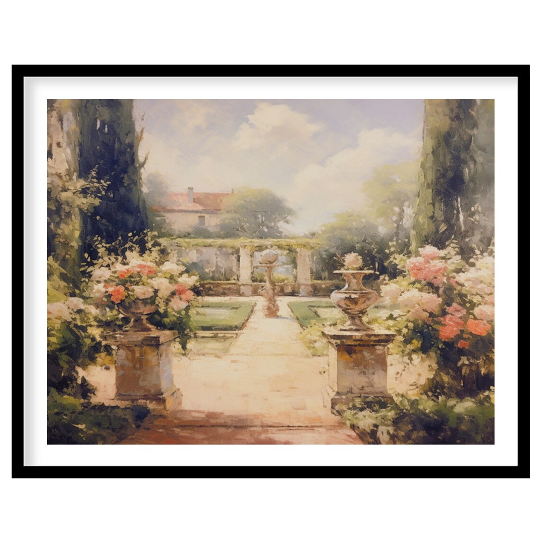Immerse yourself in serenity with this captivating garden scene. The painting beautifully captures for lovely-house