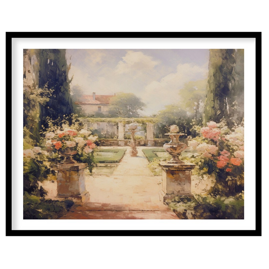 Immerse yourself in serenity with this captivating garden scene. The painting beautifully captures for lovely-house