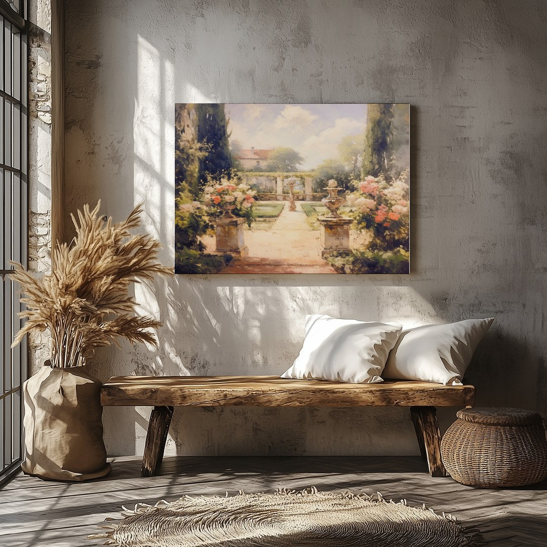 Immerse yourself in serenity with this captivating garden scene. The painting beautifully captures for Veranda
