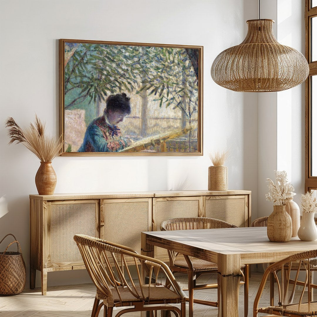 Immerse yourself in the soothing ambiance of a serene garden scene, where a woman quietly reads for Dining