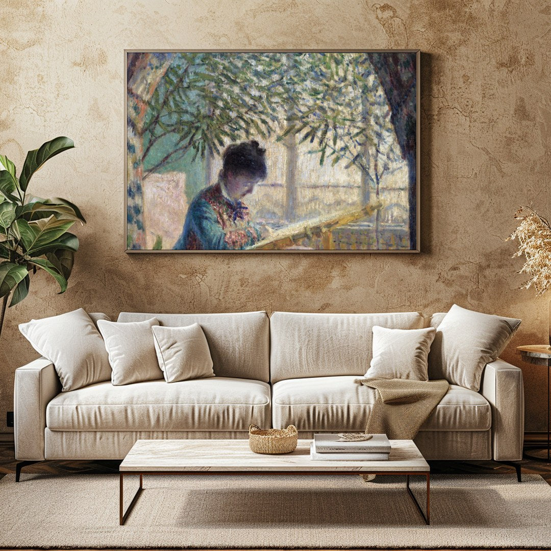 Immerse yourself in the soothing ambiance of a serene garden scene, where a woman quietly reads for Family Room