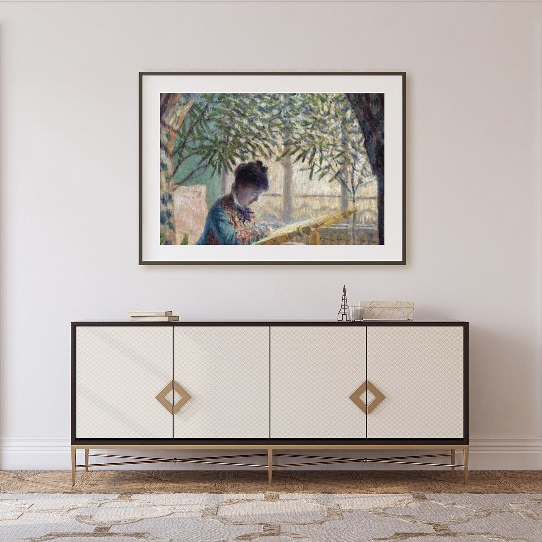Immerse yourself in the soothing ambiance of a serene garden scene, where a woman quietly reads for Foyer