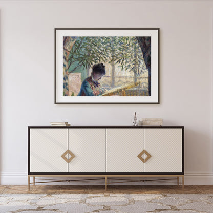 Immerse yourself in the soothing ambiance of a serene garden scene, where a woman quietly reads for Foyer