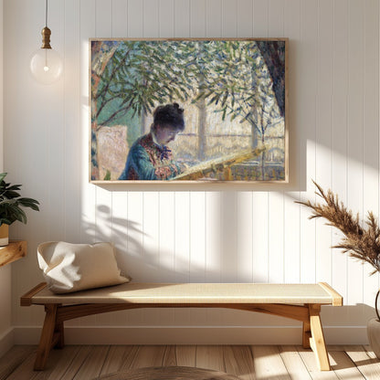 Immerse yourself in the soothing ambiance of a serene garden scene, where a woman quietly reads for Hallway