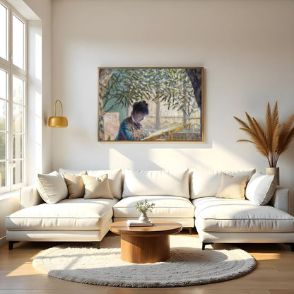 Immerse yourself in the soothing ambiance of a serene garden scene, where a woman quietly reads for Living Room