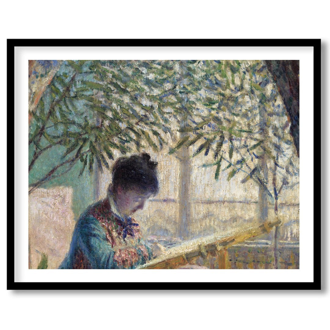 Immerse yourself in the soothing ambiance of a serene garden scene, where a woman quietly reads for office