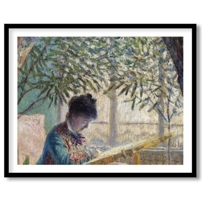 Immerse yourself in the soothing ambiance of a serene garden scene, where a woman quietly reads for office