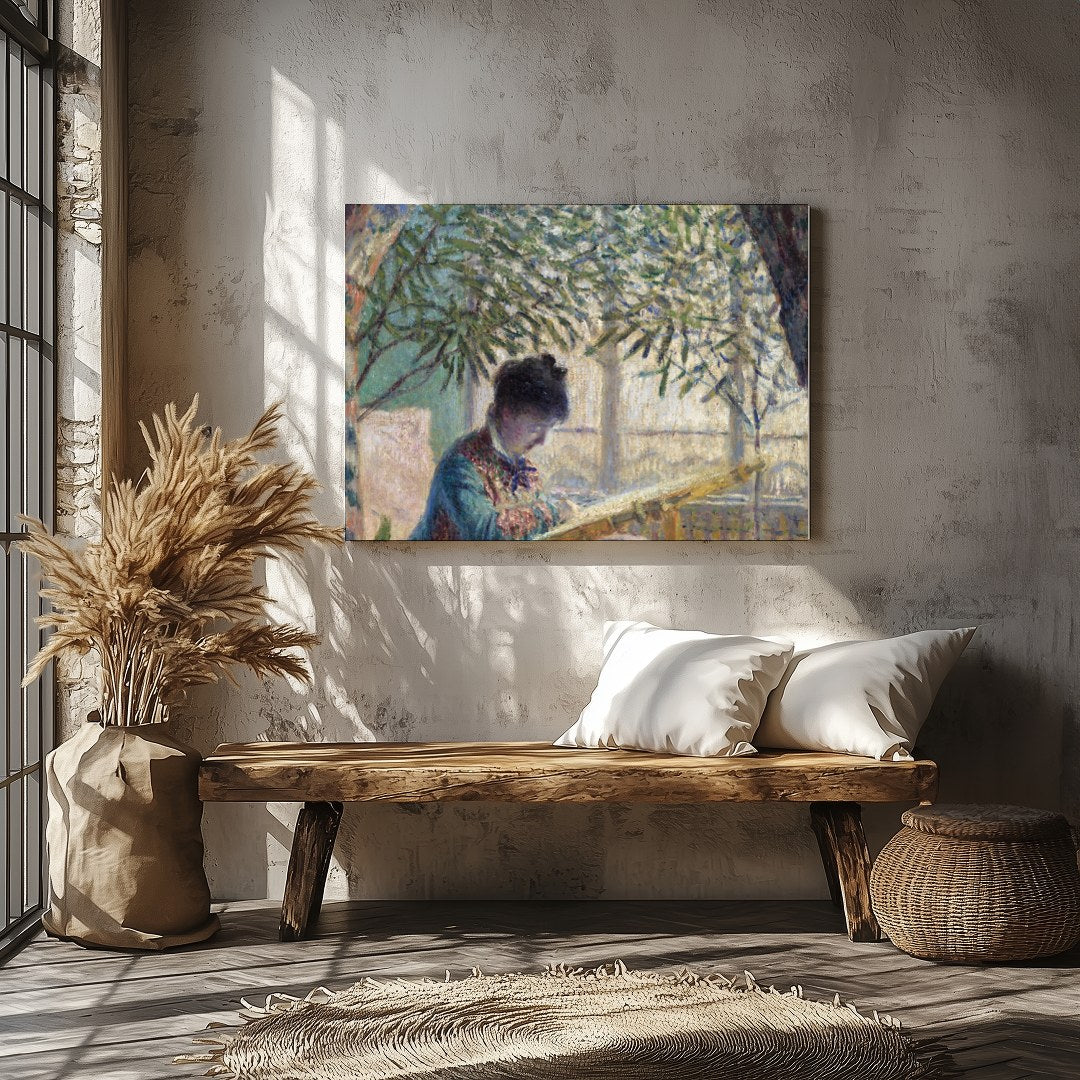 Immerse yourself in the soothing ambiance of a serene garden scene, where a woman quietly reads for Veranda