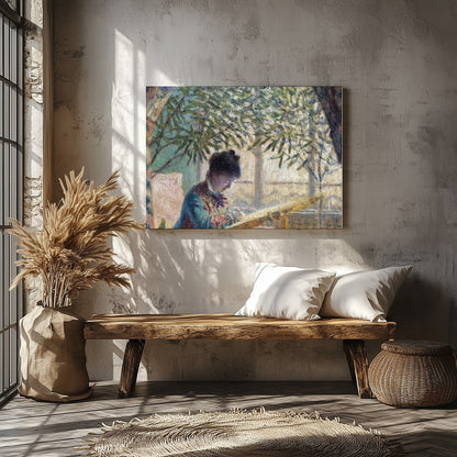 Immerse yourself in the soothing ambiance of a serene garden scene, where a woman quietly reads for Veranda