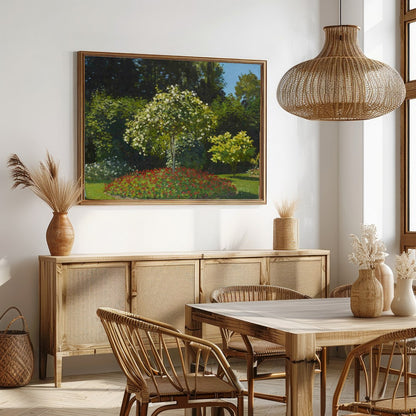 Immerse yourself in the serene beauty of a tranquil garden with this exquisite artwork. Featuring a for Dining