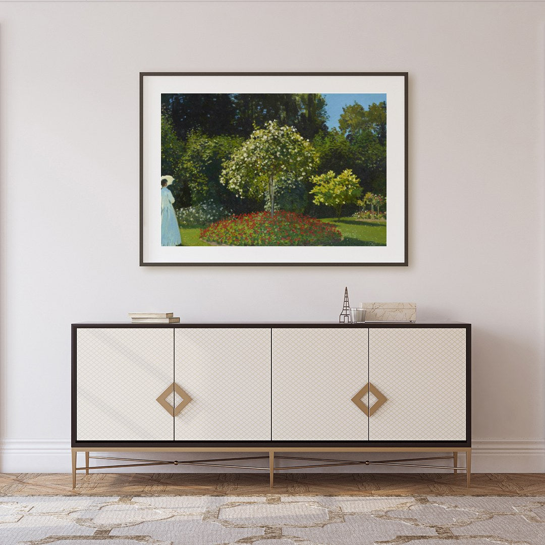 Immerse yourself in the serene beauty of a tranquil garden with this exquisite artwork. Featuring a for Foyer