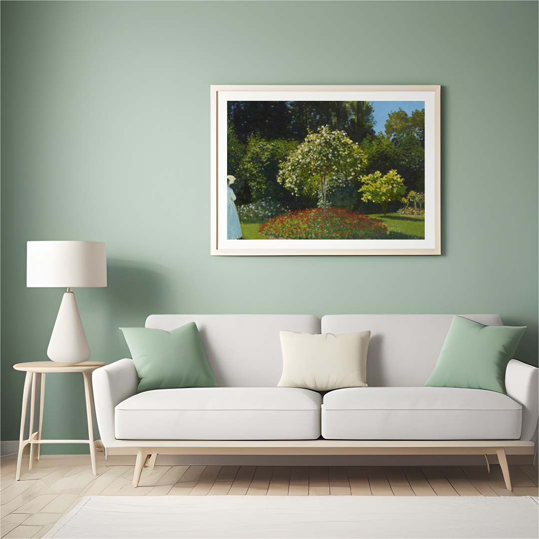 Immerse yourself in the serene beauty of a tranquil garden with this exquisite artwork. Featuring a for Hall