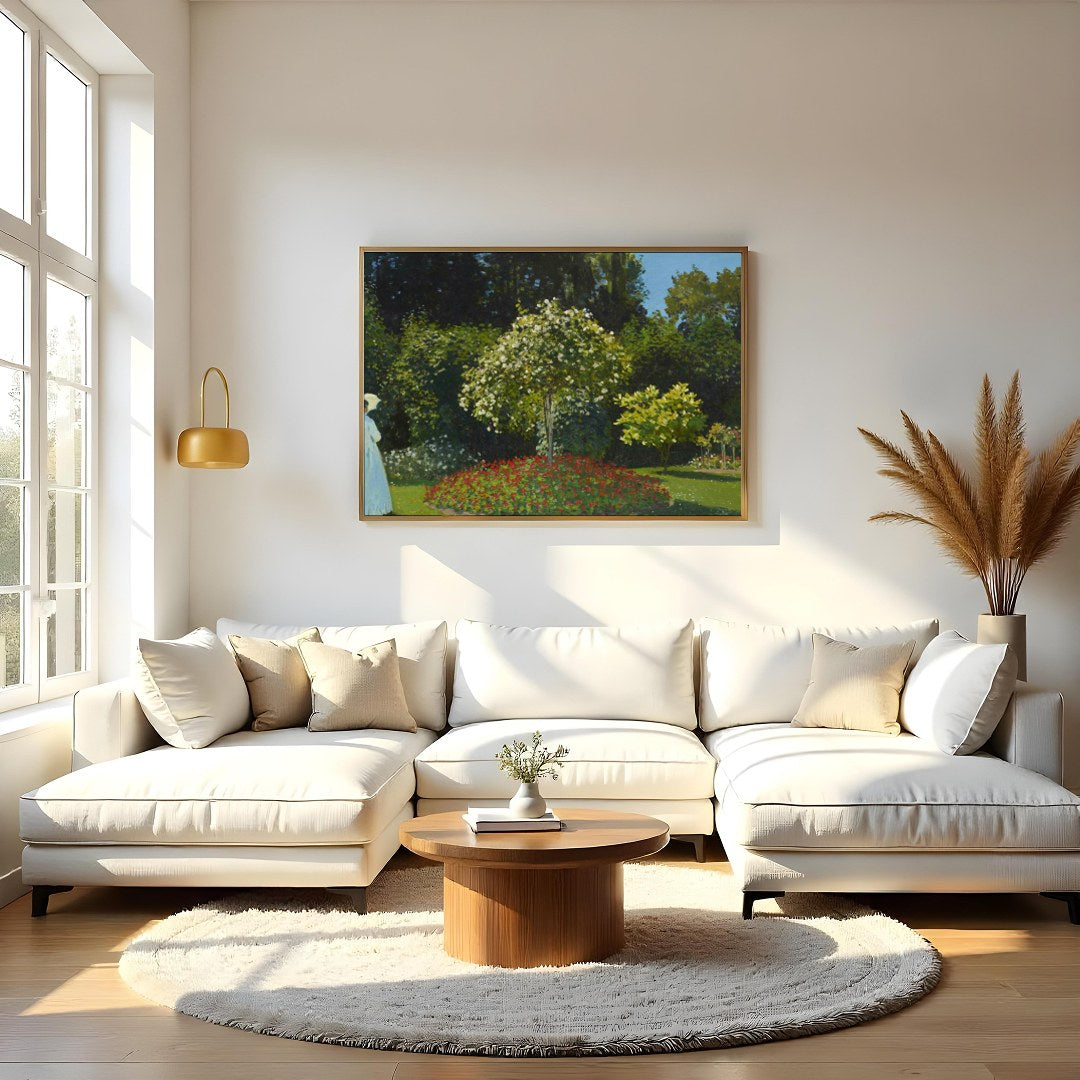 Immerse yourself in the serene beauty of a tranquil garden with this exquisite artwork. Featuring a for Living Room