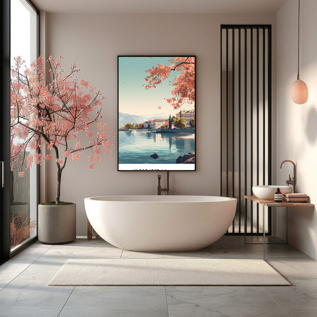 Immerse yourself in the serene beauty of Geneva with this captivating wall art piece. Featuring a for Bathroom