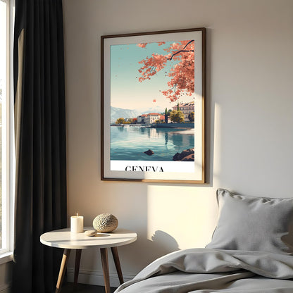 Immerse yourself in the serene beauty of Geneva with this captivating wall art piece. Featuring a for Bedroom