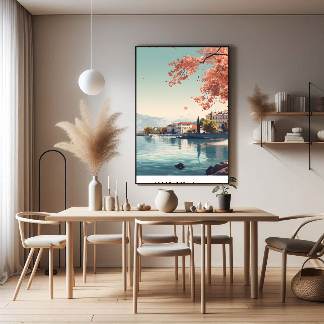 Immerse yourself in the serene beauty of Geneva with this captivating wall art piece. Featuring a for Dining