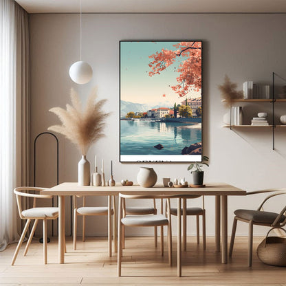 Immerse yourself in the serene beauty of Geneva with this captivating wall art piece. Featuring a for Dining