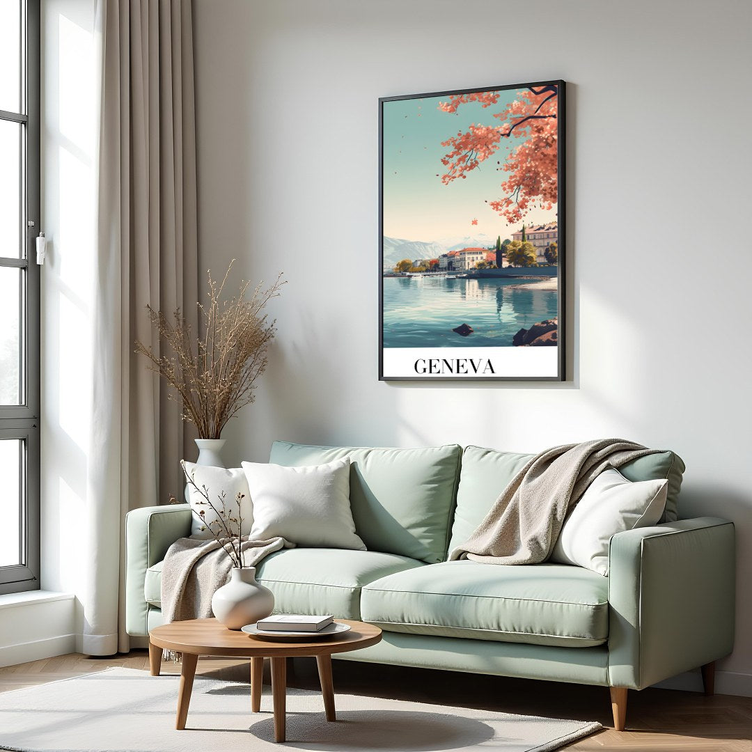 Immerse yourself in the serene beauty of Geneva with this captivating wall art piece. Featuring a for Hall
