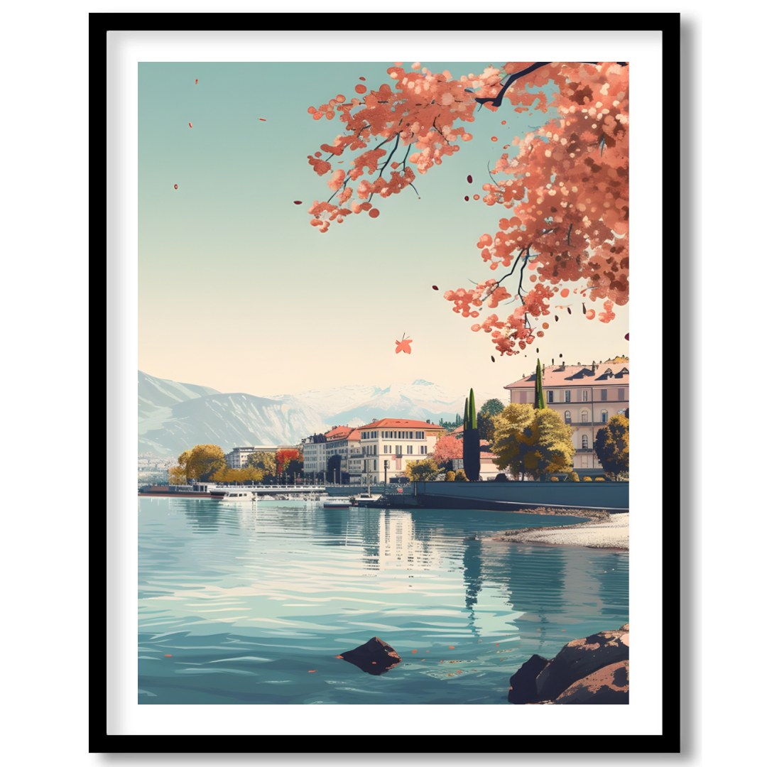 Immerse yourself in the serene beauty of Geneva with this captivating wall art piece. Featuring a for haven