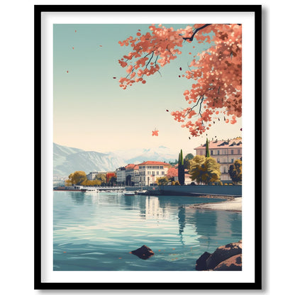 Immerse yourself in the serene beauty of Geneva with this captivating wall art piece. Featuring a for haven