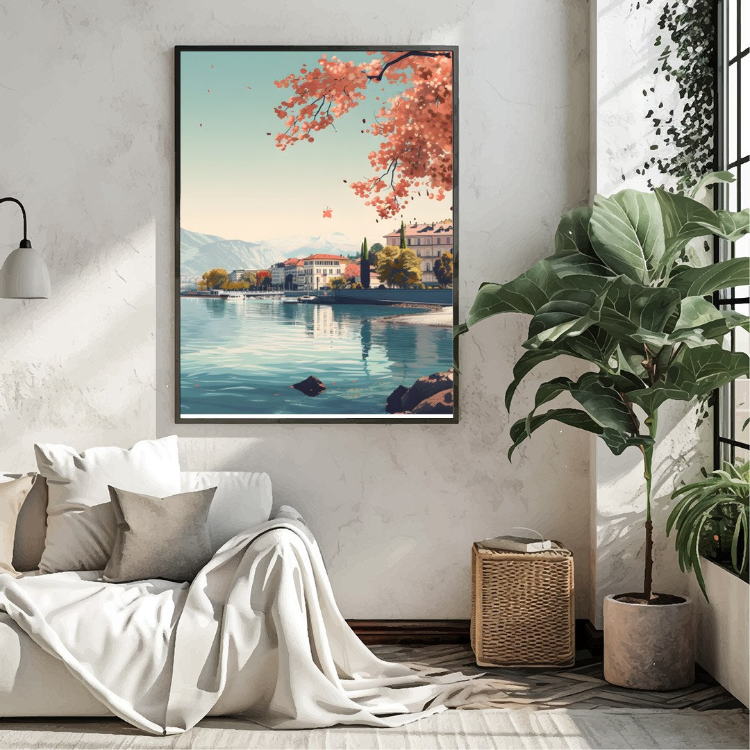 Immerse yourself in the serene beauty of Geneva with this captivating wall art piece. Featuring a for Living Room