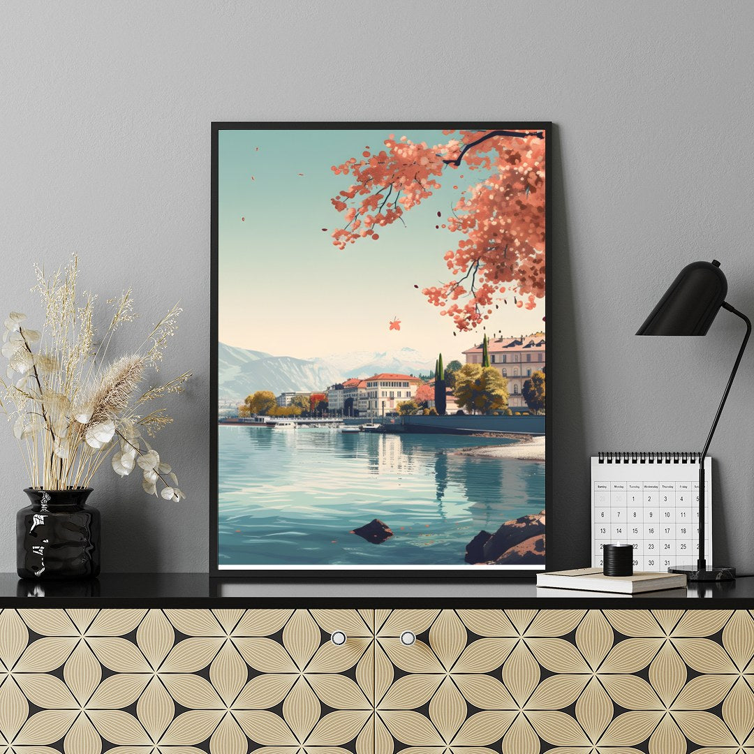 Immerse yourself in the serene beauty of Geneva with this captivating wall art piece. Featuring a for Shelf
