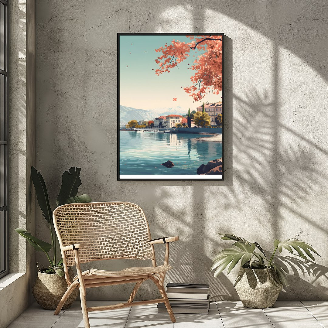 Immerse yourself in the serene beauty of Geneva with this captivating wall art piece. Featuring a for Sitting Area