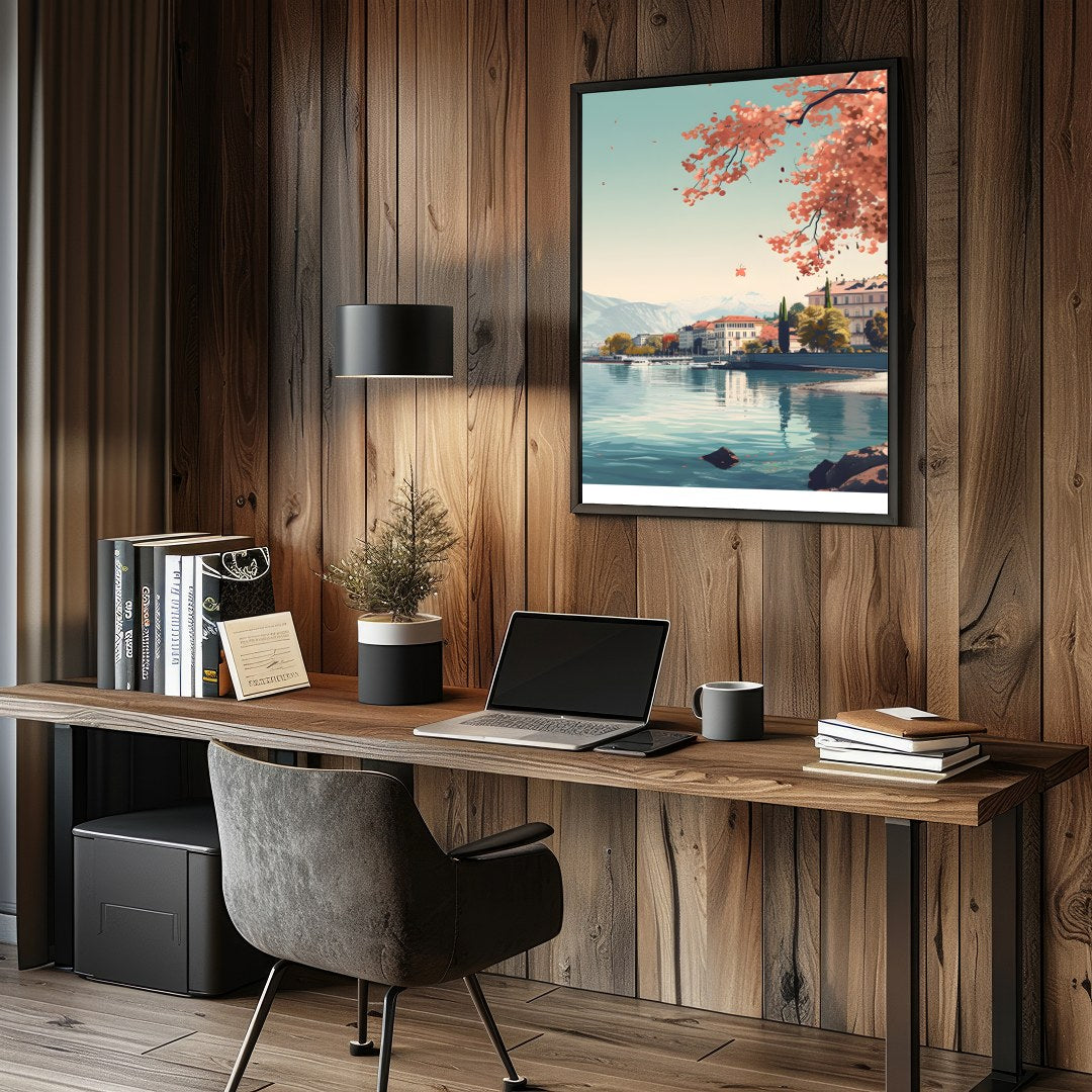 Immerse yourself in the serene beauty of Geneva with this captivating wall art piece. Featuring a for Study and Office