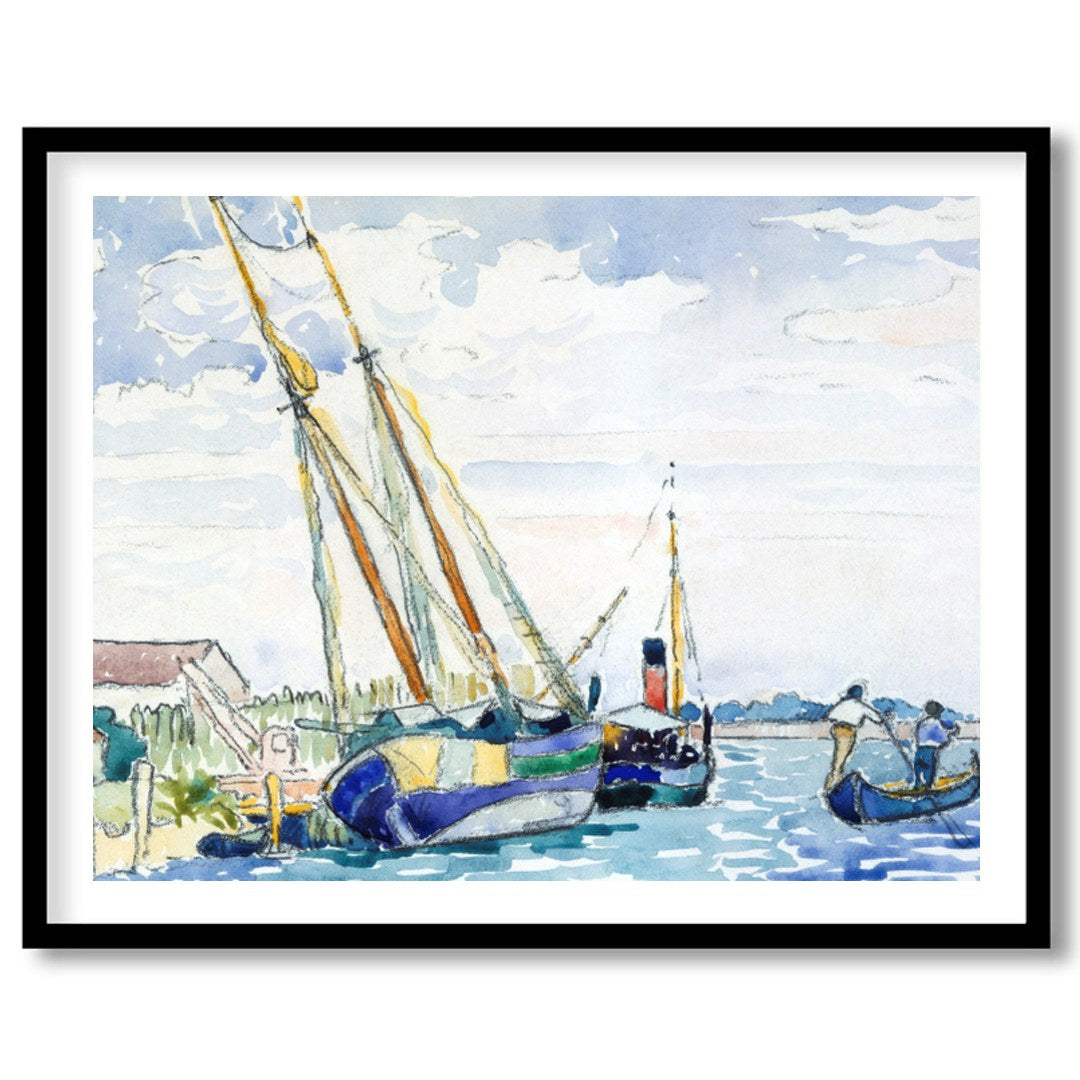 Immerse yourself in the peaceful charm of a serene harbor scene, captured in delicate watercolor for bedroom