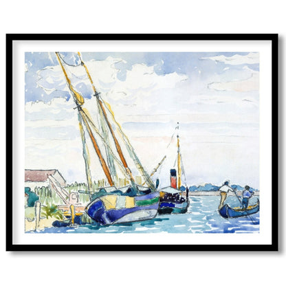 Immerse yourself in the peaceful charm of a serene harbor scene, captured in delicate watercolor for bedroom