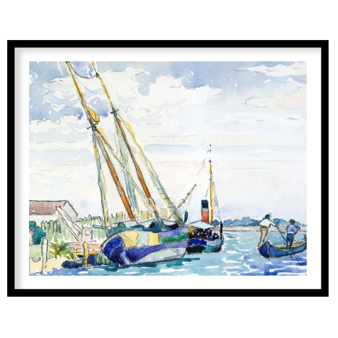Immerse yourself in the peaceful charm of a serene harbor scene, captured in delicate watercolor for bedroom