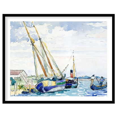 Immerse yourself in the peaceful charm of a serene harbor scene, captured in delicate watercolor for bedroom