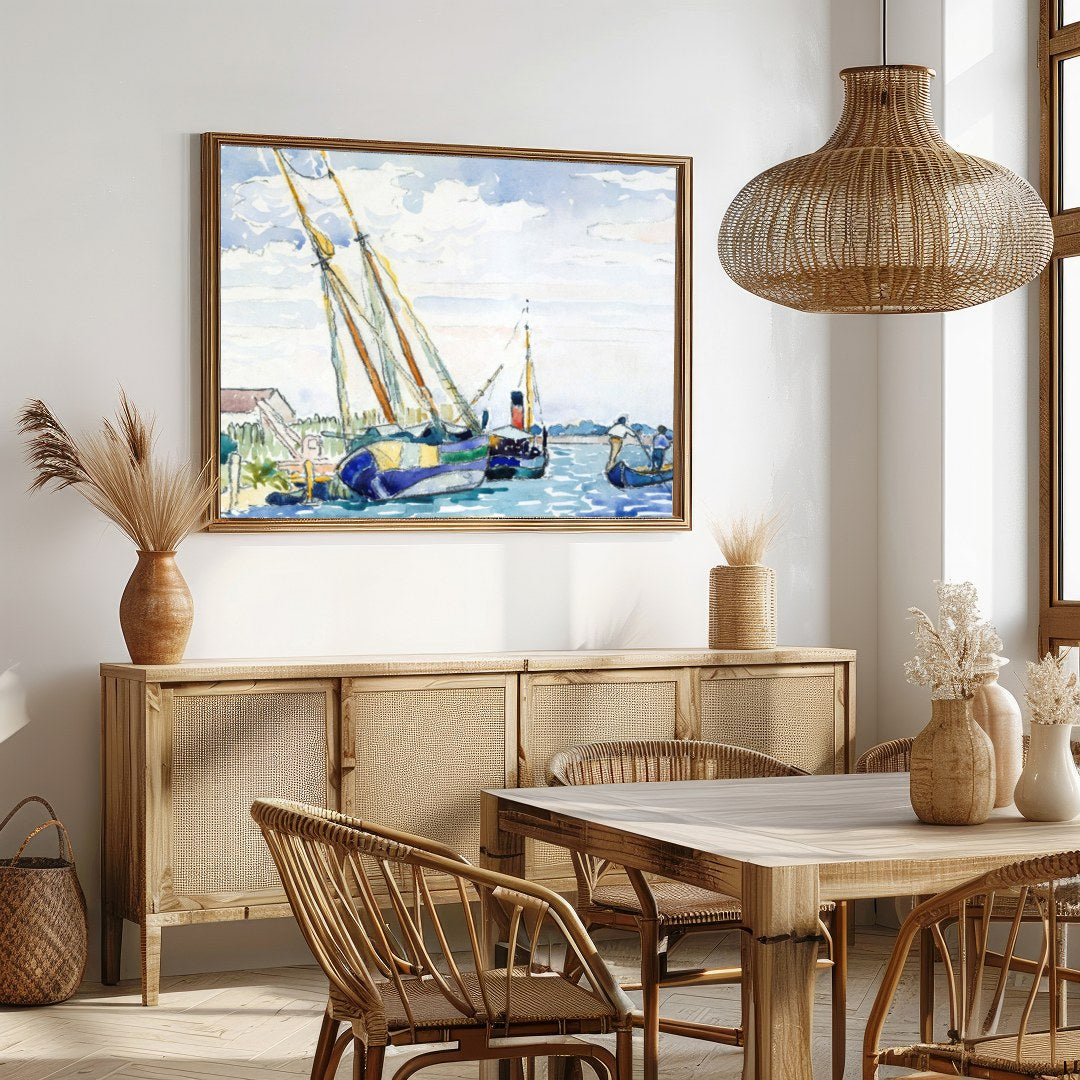 Immerse yourself in the peaceful charm of a serene harbor scene, captured in delicate watercolor for Dining