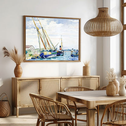 Immerse yourself in the peaceful charm of a serene harbor scene, captured in delicate watercolor for Dining