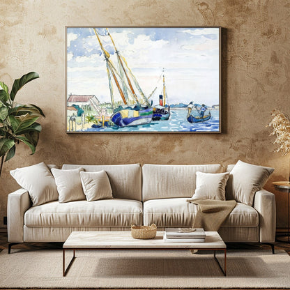 Immerse yourself in the peaceful charm of a serene harbor scene, captured in delicate watercolor for Family Room