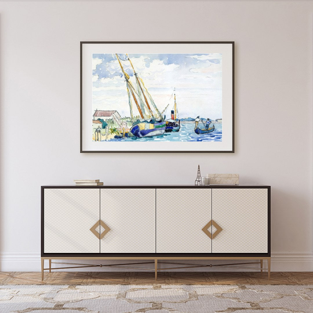 Immerse yourself in the peaceful charm of a serene harbor scene, captured in delicate watercolor for Foyer
