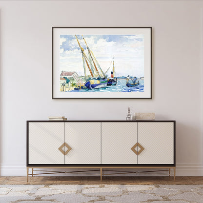 Immerse yourself in the peaceful charm of a serene harbor scene, captured in delicate watercolor for Foyer