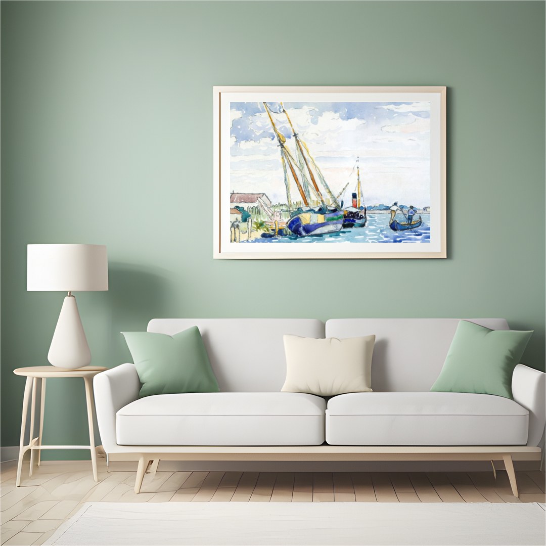 Immerse yourself in the peaceful charm of a serene harbor scene, captured in delicate watercolor for Hall