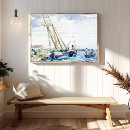 Immerse yourself in the peaceful charm of a serene harbor scene, captured in delicate watercolor for Hallway