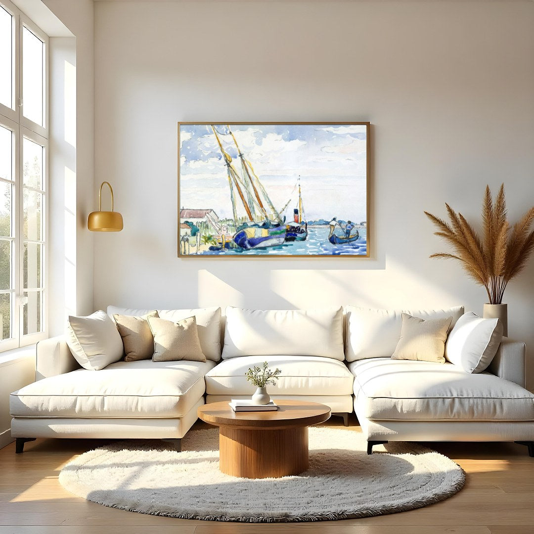 Immerse yourself in the peaceful charm of a serene harbor scene, captured in delicate watercolor for Living Room