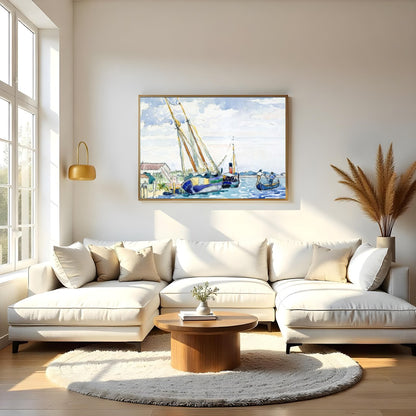 Immerse yourself in the peaceful charm of a serene harbor scene, captured in delicate watercolor for Living Room