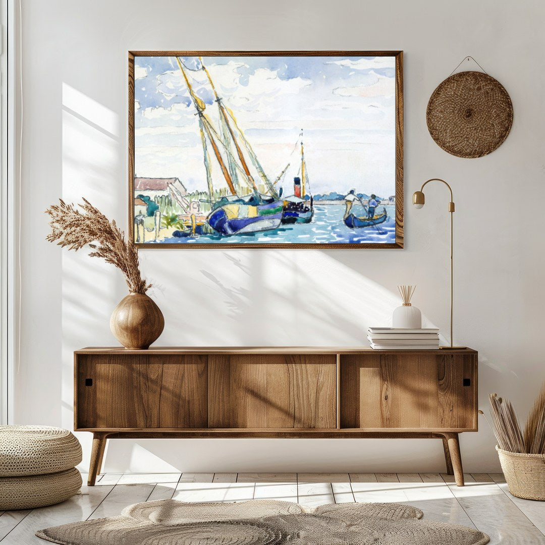 Immerse yourself in the peaceful charm of a serene harbor scene, captured in delicate watercolor for Sitting Area