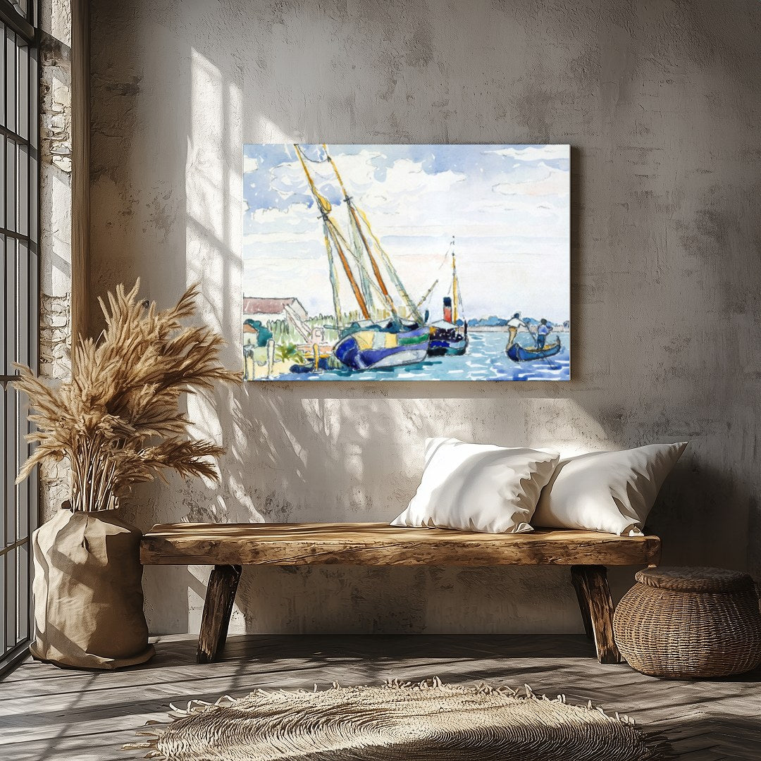 Immerse yourself in the peaceful charm of a serene harbor scene, captured in delicate watercolor for Veranda