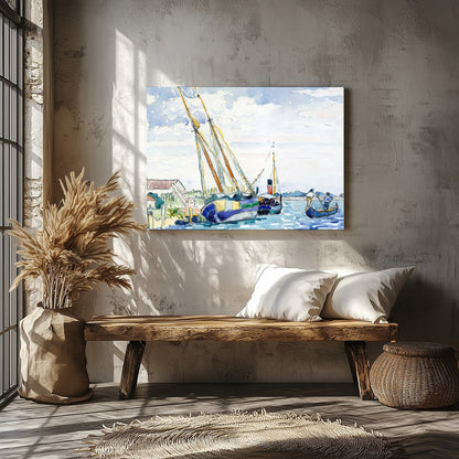 Immerse yourself in the peaceful charm of a serene harbor scene, captured in delicate watercolor for Veranda